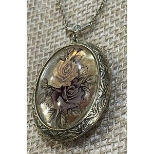 Vtg 1928 Brand Gold Tone Photo Filigree Rose Locket Necklace Pendant Chain 26in